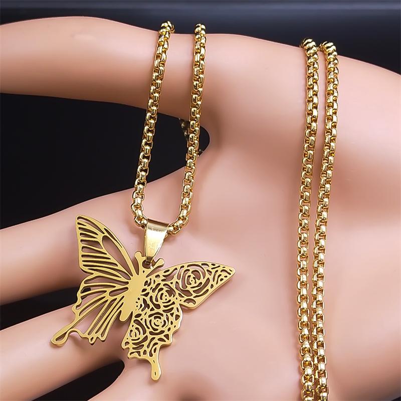 Aesthetic Butterfly Rose Flower Pendant Necklace Stainless Steel Gold Color Hollow Flying Wing Chain Jewelry Colgantes N6121S01
