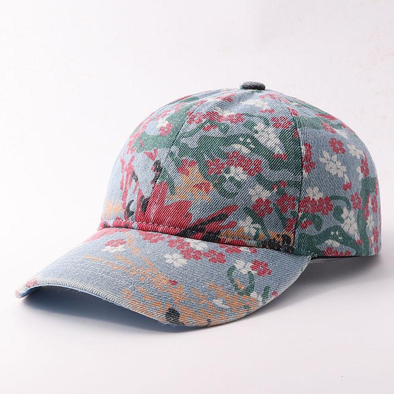 Autumn New National Tide Style Denim Baseball Cap Women's European and American Fashion Flower Pure Cotton Washed Cap