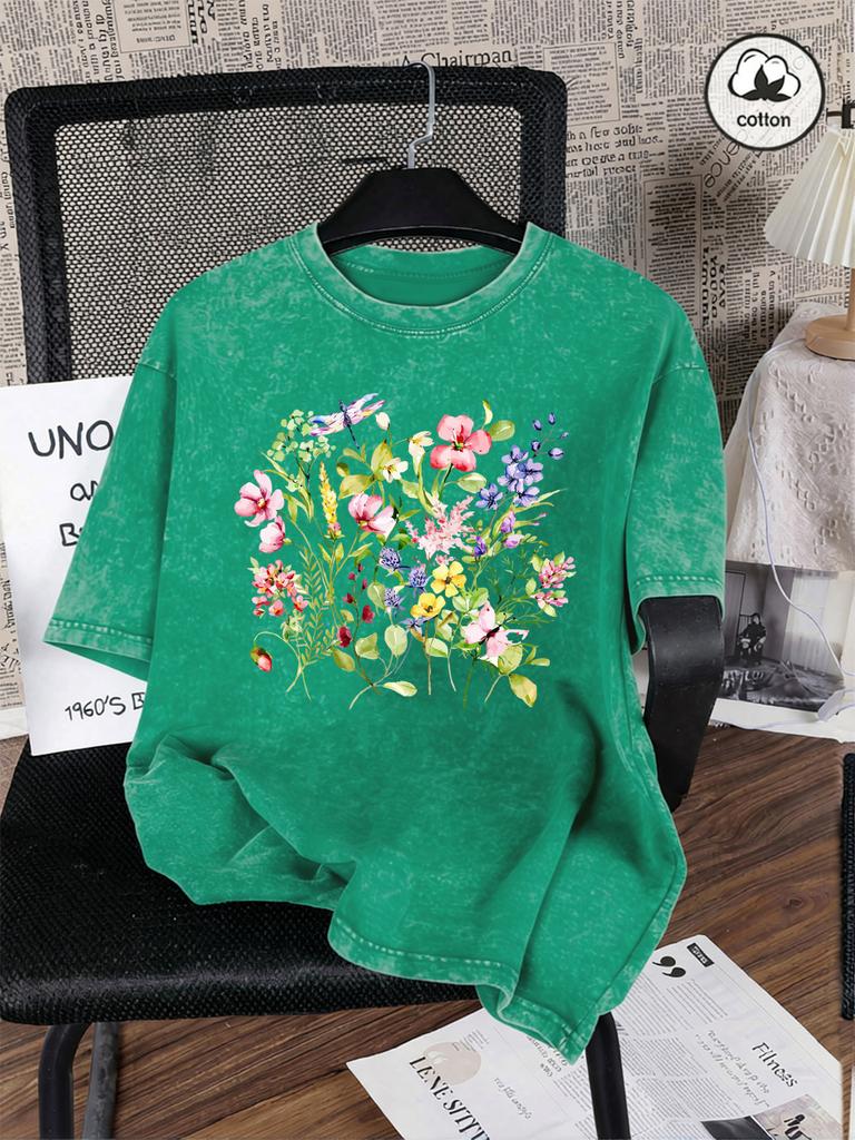 Beautiful Flowers Dragonflies Print Washed TShirts Womens Cotton Oversize T Shirt Summer Short Sleeve Tops Basic ONeck Clothes