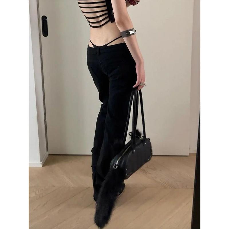 Jeans Acampanados Negros Vintage de Tiro Bajo para Mujer Pantalones de Mezclilla Retro Americano Remache Ajustados Pantalones de Campana de los 90 Y2k Harajuku Kpop