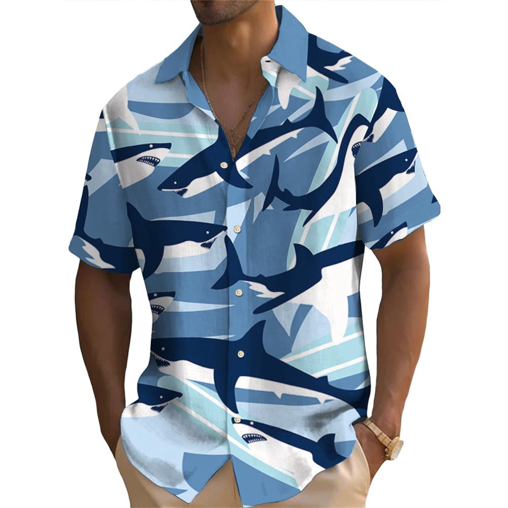 Hawaiian Shirt For Men Shark Pattern Short Sleeved Shirts Casual Men's Streetwear Summer New Loose Tops Oversized Original Shirt