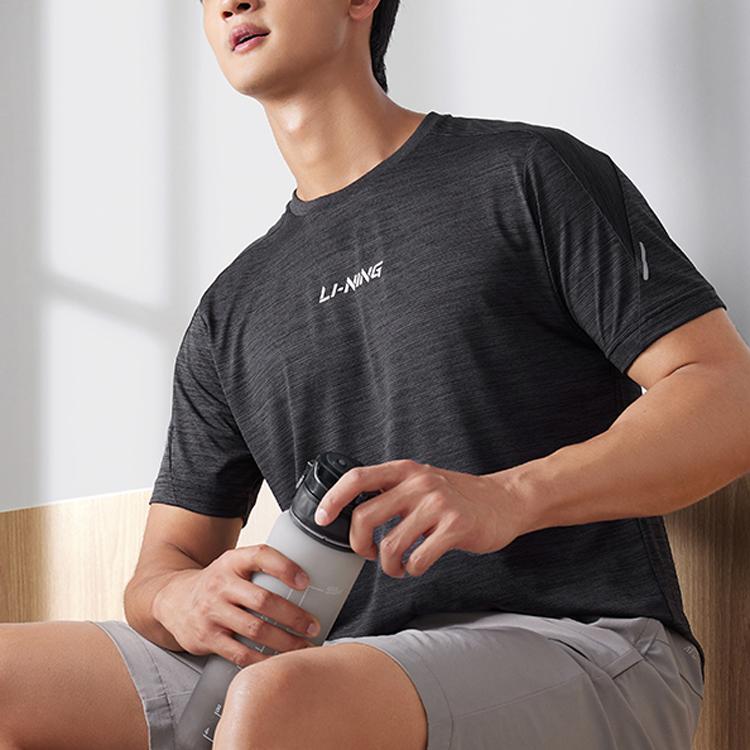 Li-Ning Cool Tea T Casual Sports Quick-Dry Comfortable Breathable Short Sleeve T-Shirt Men Tops Black Flower-Gray ATSU725-2