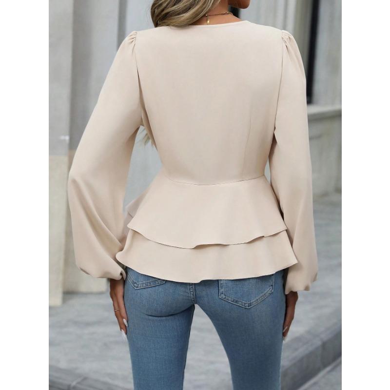 DAFIFY Moda damska Casual Wiosna Jesień Jednolity kolor Drukuj Bluzki i koszule z długim rękawem i dekoltem w kształcie litery V