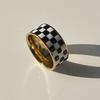 European & American Style Black and White Plaid Titanium Steel 18K Gold-Plated Ring for Women
