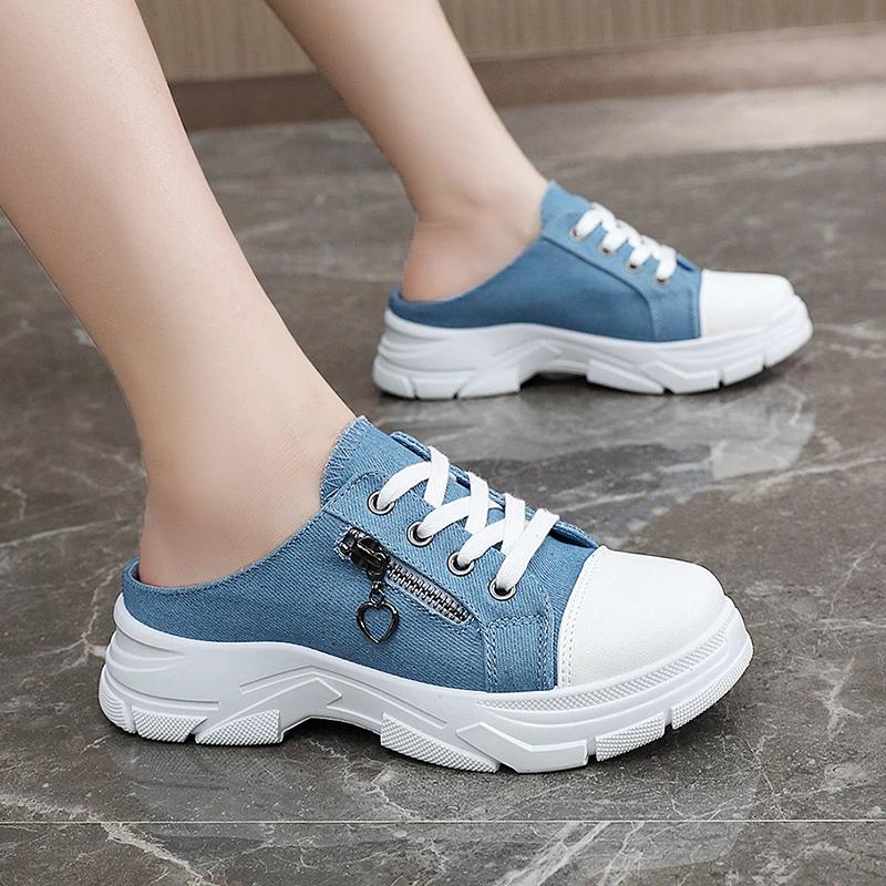 2024 New Women's Shoes with Lace Up, Mid Heel, Round Toe Denim Fabric Toe Cover Slippers, Summer Outdoor Casual Women's Slippers