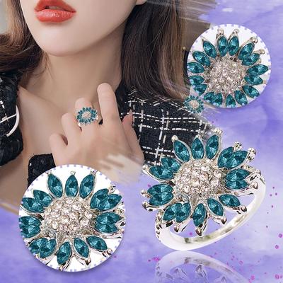 Sunflower Shaped  Plated Rings Floral Rings Blue Zircon Ring For Women And Girls