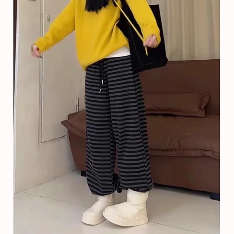 Women's High Waist Striped Wide-Leg Pants - Spring/Autumn Slimming Casual Mop Pants, Available In Small To Plus Sizes.