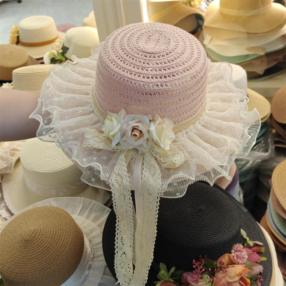 

2025 new style flower decoration fresh ladies summer straw hat flat top large brim sun hat beach French elegant wedding hat 55-58CM