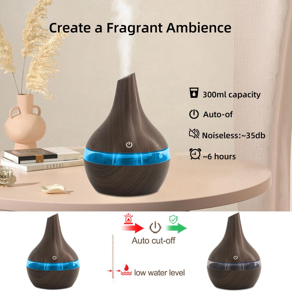 300ml Wood Grain Air Humidifier & Aroma Diffuser, USB Powered Essential Oil Diffuser for Aromatherapy Machine, Ultra Quiet Opera