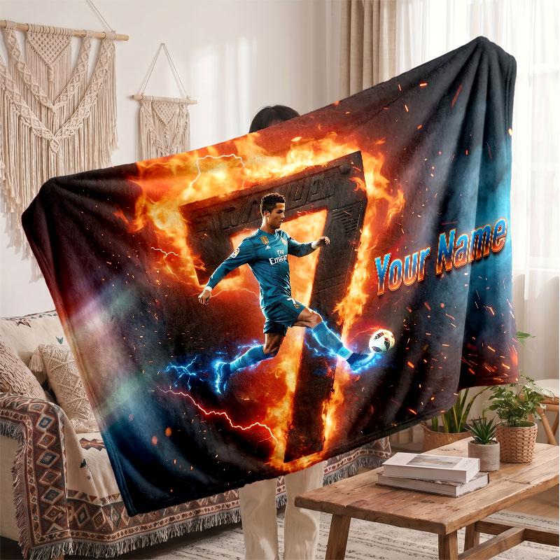 Coperta Personalizzata in Pile Cristiano Ronaldo con Logo Calcio, Testo Nome Personalizzato Morbida Calda Coperta da Divano per la Casa