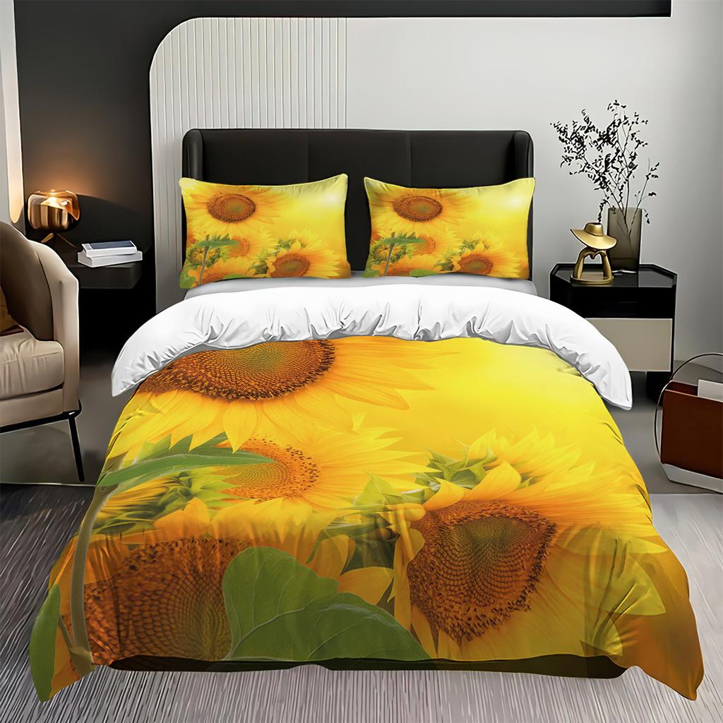 Dreiteilige Sonnenblumen-Bettwäsche mit Sandfinish, Blumendeckenbezug, Digitaldruck-Bettwäscheset