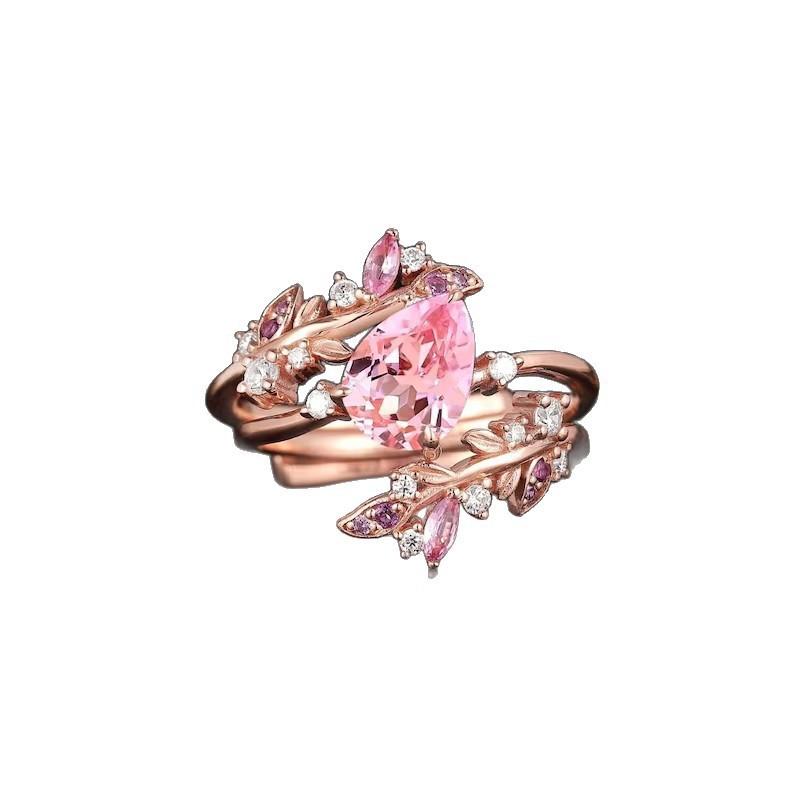 Sweet Pink Heart Shaped Cut Zircon Rings for Women Luxury Gold Tone Multi-layer Branch Dainty Bling Ring Jewelry