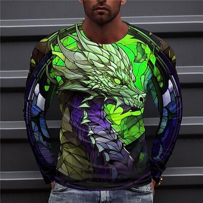 Cool Colorful Dragon T-shirt Men's Clothing Long Sleeve O-neck T Shirts Street Hip Hop Personality Autumn Outdoor Casual Tee Top
