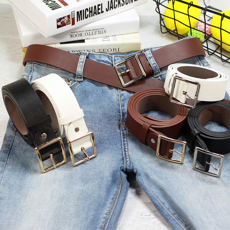 Simple Solid Color Metal Square Buckle Decoration Women Casual Wide Belt For Everyday