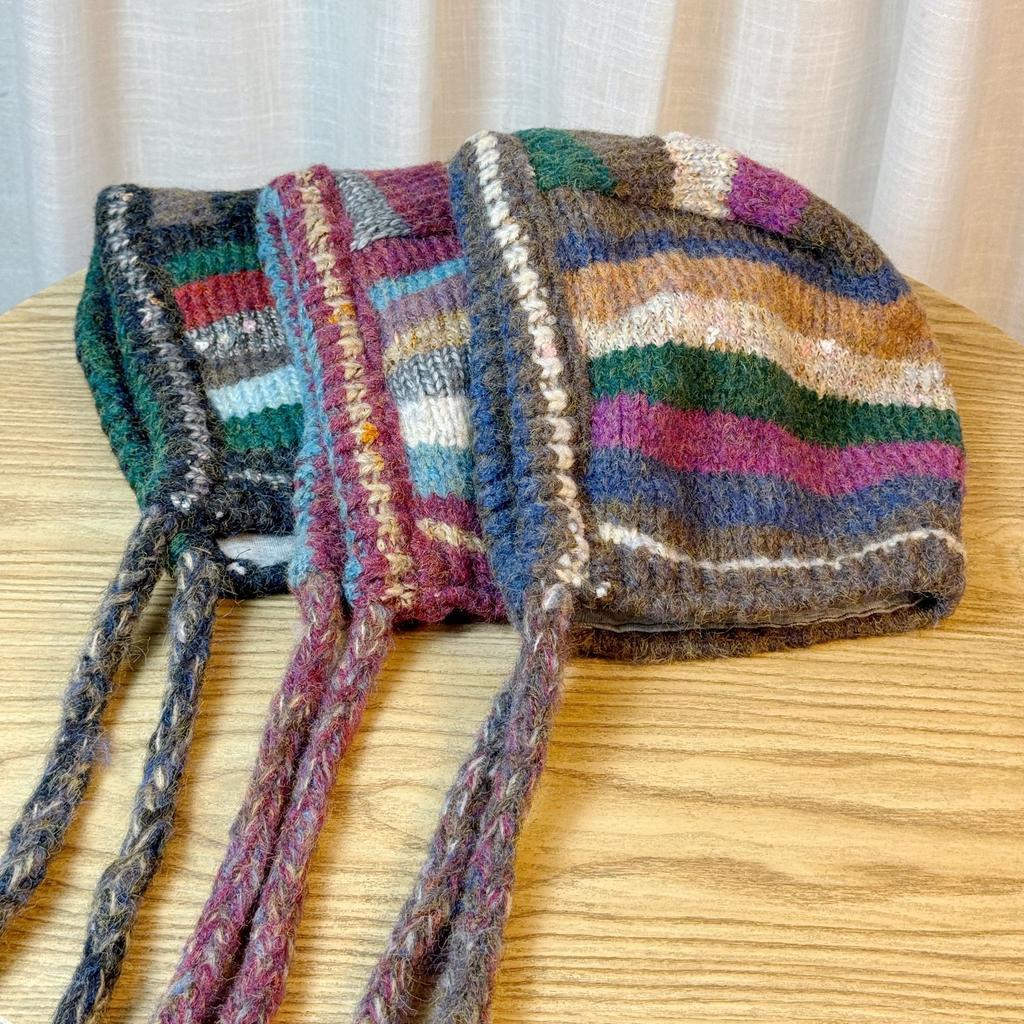 Retro Color Blocked Lace Up Knitted Wool Hat for Women in Autumn and Winter Thickened Warm Ear Protection Balaclava Hat Trendy