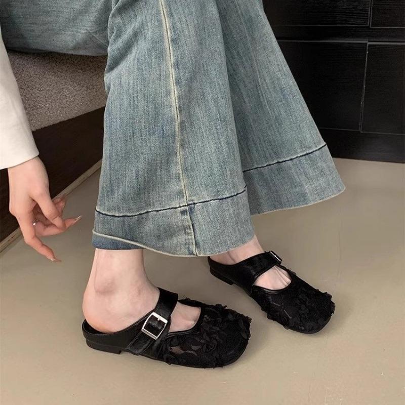 

Mesh bag head half slippers summer wear with skirt gentle cool slippers versatile casual women s shoes 35 чёрный