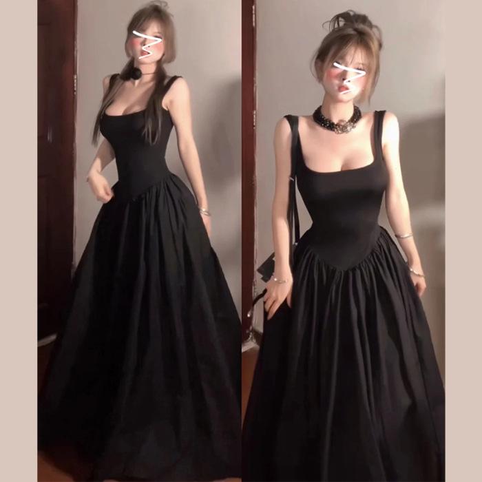 French Hepburn style black suspender dress children s summer new style temperament waist dress S