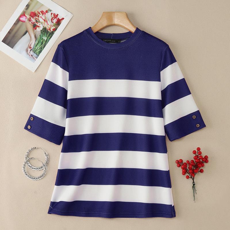 

ZANZEA Женская повседневная блузка с круглым вырезом, свободного кроя, с принтом в полоску и рукавом до локтя 3XL темно-синий