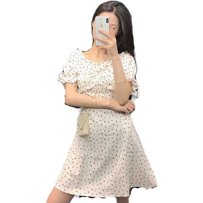 Idyllic floral dress women's spring and summer new Platycodon French blue v-neck bubble sleeve slim dress