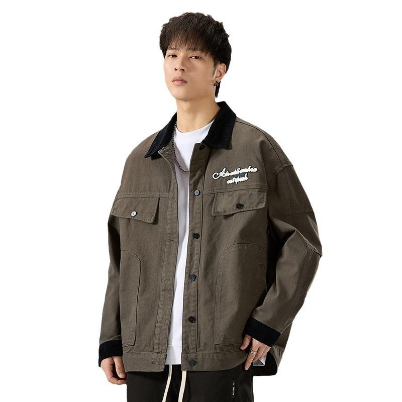 Long Sleeve Splicing Washed Towel Embroidery Design Denim Jacket Men'S American Retro Trend Printing Loose Jacket Men'S