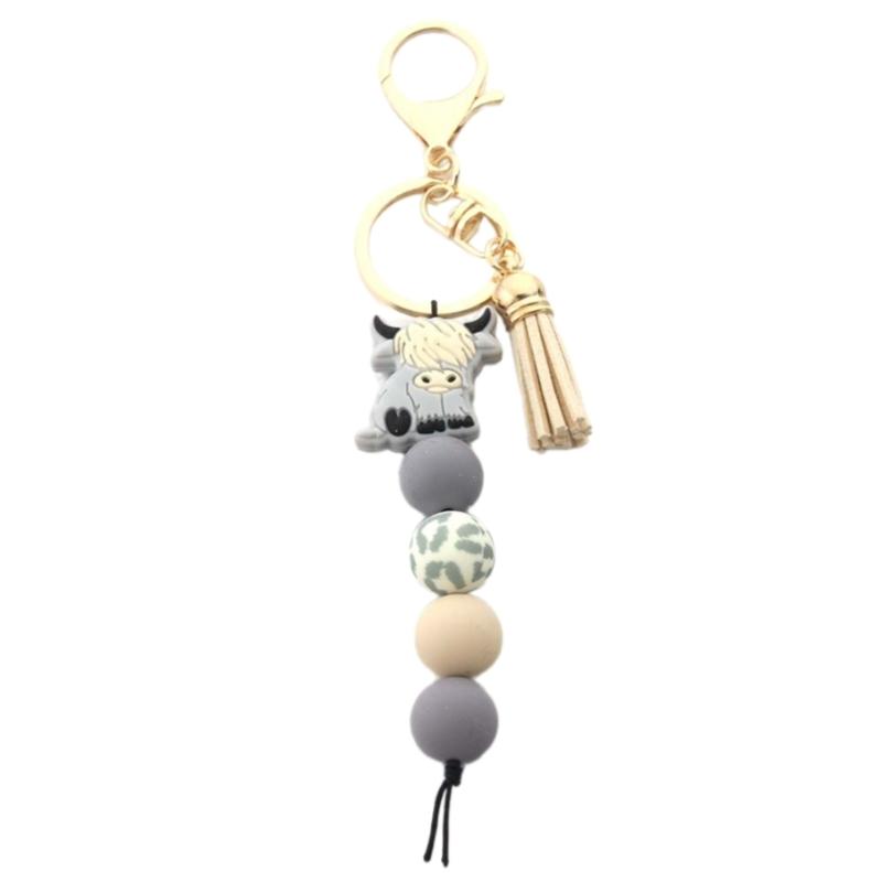 Highland Cow Keychain with Tassels and Silicone Beads Animal Keyring Fashionable Key Holder Pendant for Women and Men