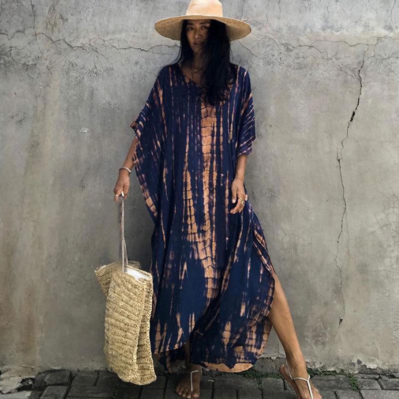 European & American Tie-dye Rayon Beach Dress: Loose, Long Seaside Vacation Robe & Bikini Cover-up with Sunscreen Shirt for Women