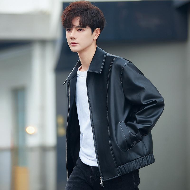 Herrenjacke Frühling und Herbst Koreanische Version Trendy Hübsche Lässige Lose Beliebte Revers Lokomotive Pu-Lederjacke