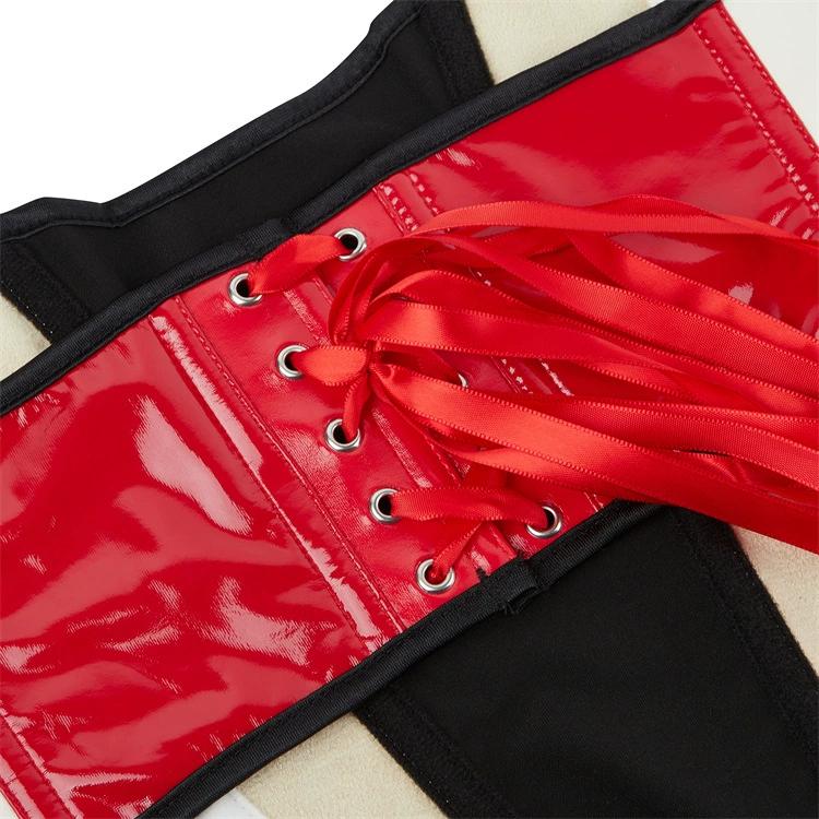 JYL TS PU leather neck hanging black, white, and red color patchwork chest support sexy top