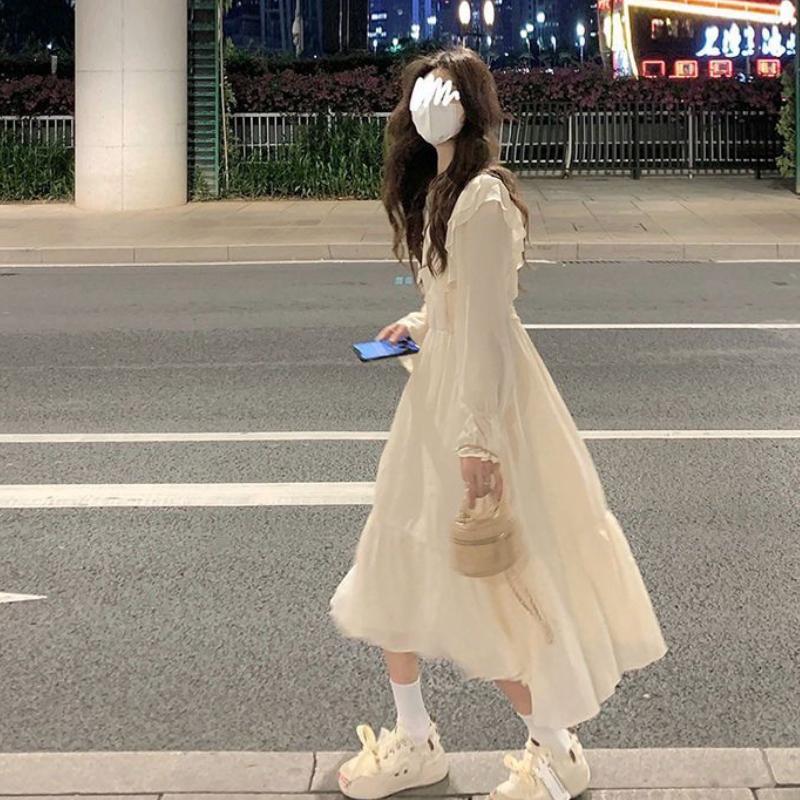 French High-End Ruffled Long Sleeve Dress Women's Autumn Stylish High-Waist Long Dress