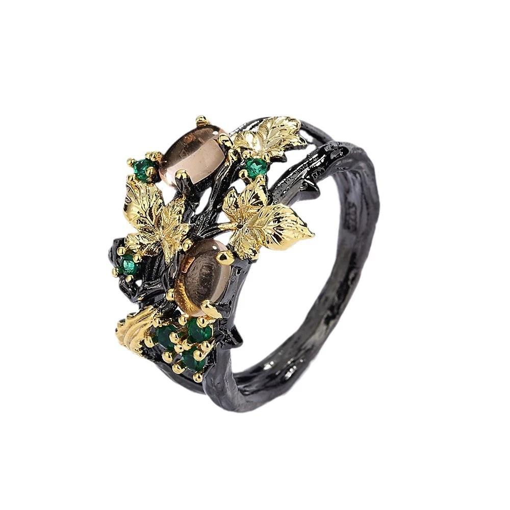 New Two tone Leaf Fruit Zircon Ring Unique Retro Personality Dark High end Light Luxury Charm Jewelry Gift