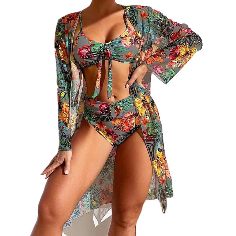 2026 New Swimsuit Printed Blouse Three-piece Set for Women's Bikini