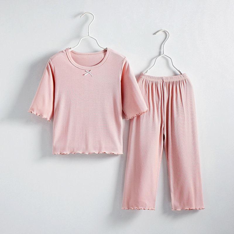 

Girls Summer Thin Ice Silk Set Medium-Large Children s Solid Color Soft Short-Sleeved Top + Pants Homewear Two-Piece Set 140 розовый