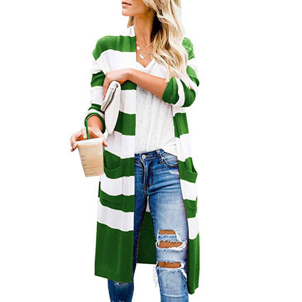 Women Long Sleeve Knit Striped Cardigan Sweater Coat Long Baggy Jacket