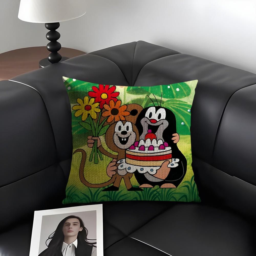 TThe LittleE Mole Cartoon Cushion Cover Natural Linen Organic Fabric DoubleSided Printing Sofa Home Decor Gift Pillow Case