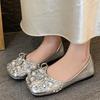 Fashion Crystal Pearl Women Square Toe Flats Shoes Bow Loafers Casual Sandals 2025 Trend Sneakers Summer New Cozy Woman Zapatillas Mujer