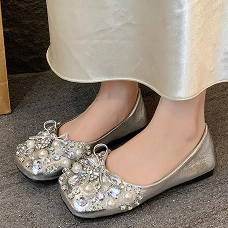 Fashion Crystal Pearl Women Square Toe Flats Shoes Bow Loafers Casual Sandals 2025 Trend Sneakers Summer New Cozy Woman Zapatillas Mujer