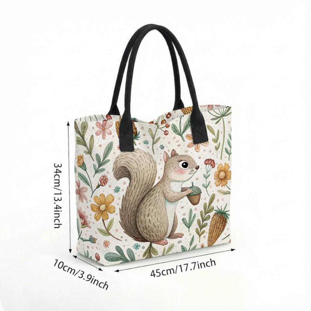 Cute Squirrel Floral Print Canvas Tote Bag Casual Portable Daily Shopping Handbag