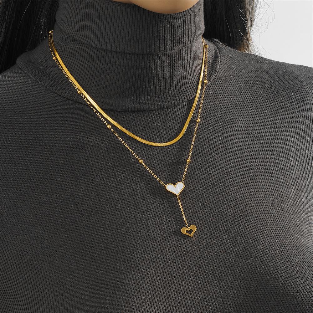 Women's Titanium Steel Heart Double Layer White Shell Choker - Niche Design High-End Feel with Tassel Hip Hop Jewelry