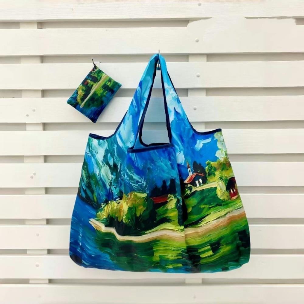 Large Foldable Shopping Bag Fashion Oil Painting Reusable Grocery Storage Bag Oxford Portable Shoulder Handbag Tote Bag