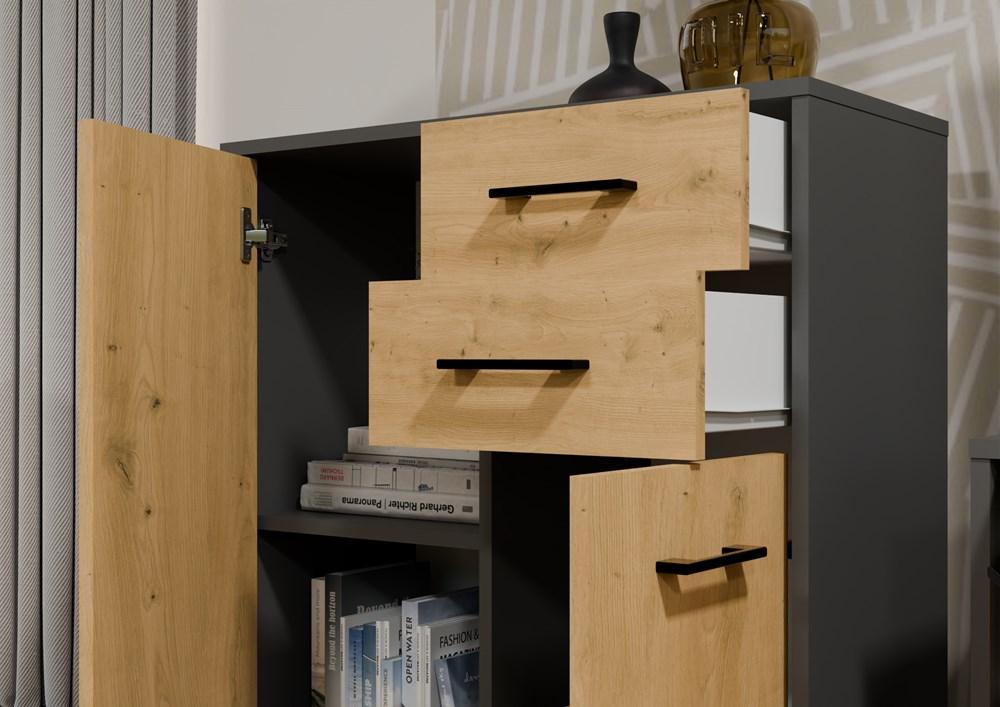 Komoda Simplo 2D2S Szafka 74 Cm 2 Drzwi 2 Szuflady Antracyt Dąb Artisan