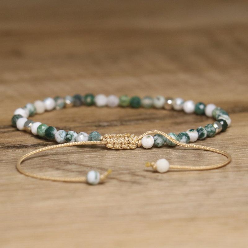 Tree Agate Moss Agate Faceted Bead Bracelet – Gold Accent Adjustable Boho Jewelry, Nature Calm Gift for Women