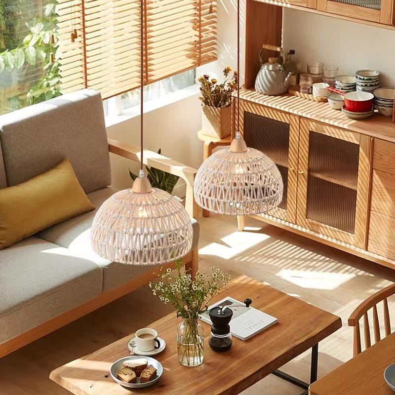 Solid Wood Pendant Light: Japanese Style Dining, Bar, Bedroom, Balcony, Retro Rattan Art, Cream Finish, Long Line Design.