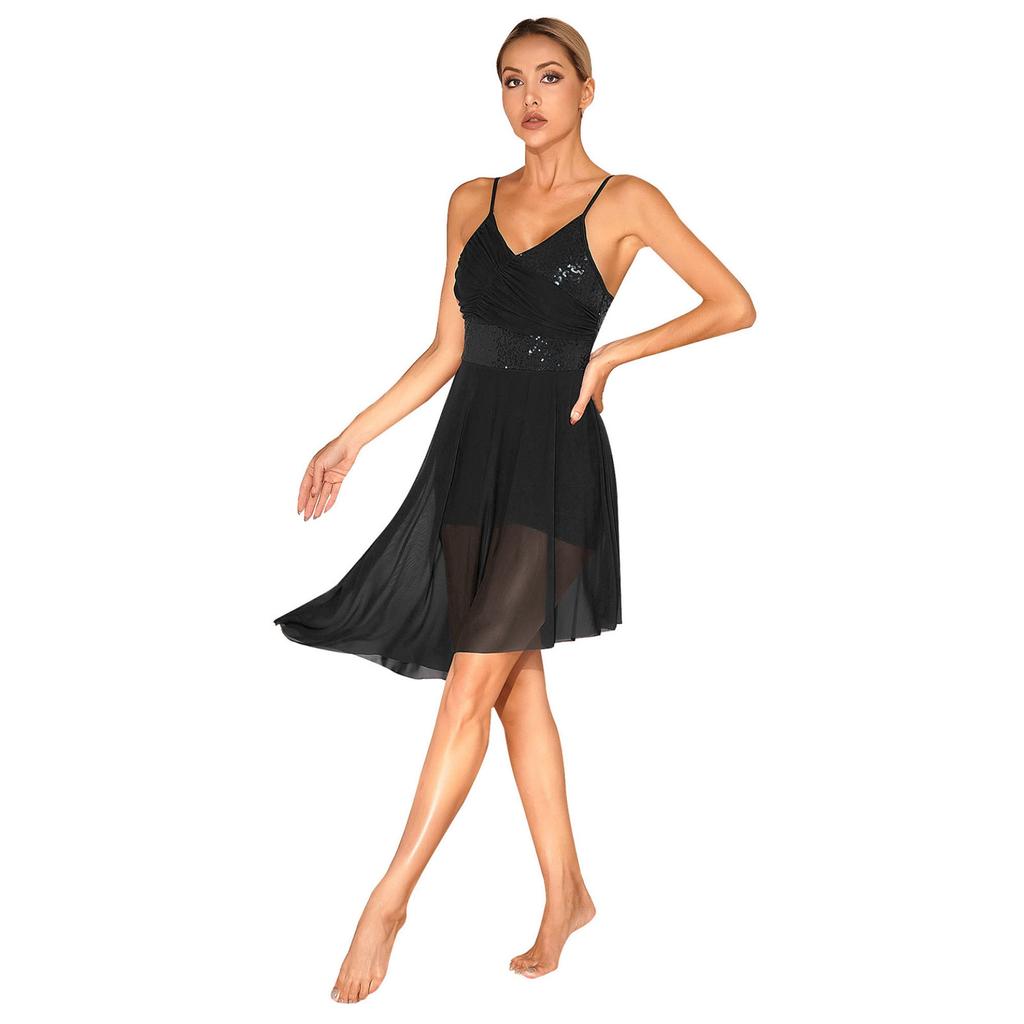 Women Lyrical Ballet Dance Dress Shiny Sequins Pleated Latin Gymnastics Leotard Tutu Performance Dancewear