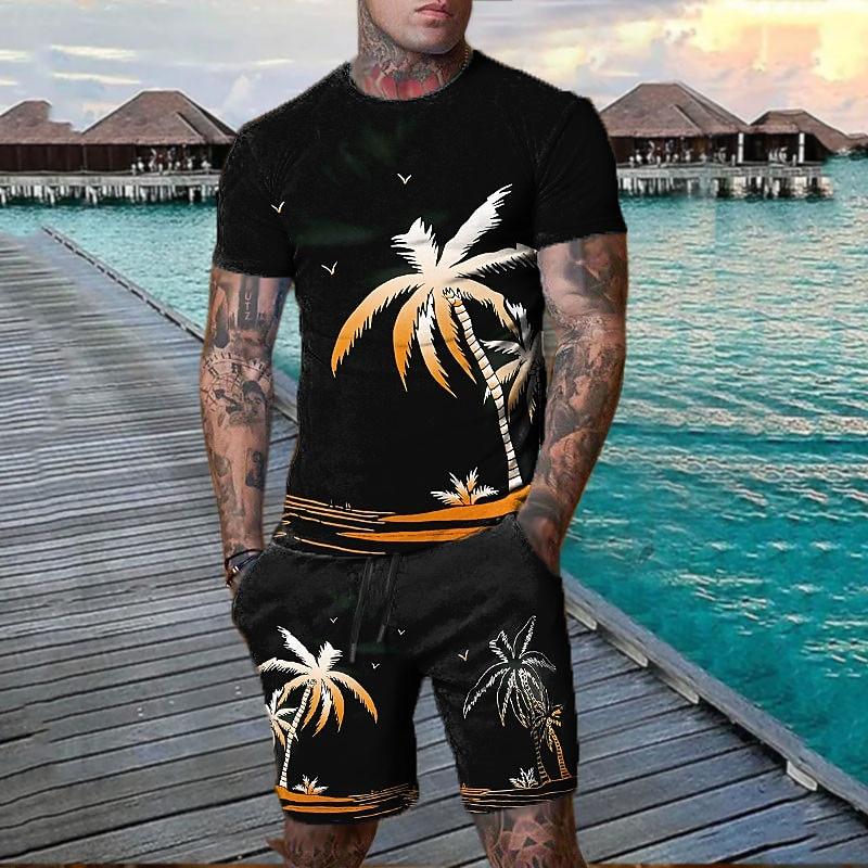 Men's Graphic Coconut Tree 2pcs Tees sets Shorts and T Shirt Set T-Shirt Outfits  Outdoor Vacation Daily 3D Print 2 Piece Spring & Summer Blue Purple