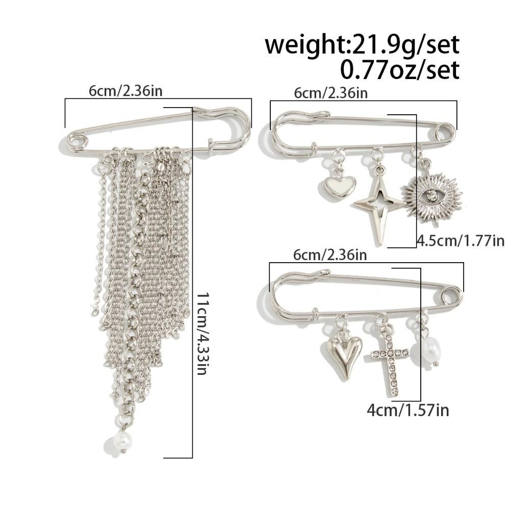 3Pcs/Set New Silver Color Metal Stars Tassel Brooches Heart Evil Eye Chain Brooch Cross Lapel Pins Jewelry Accessories