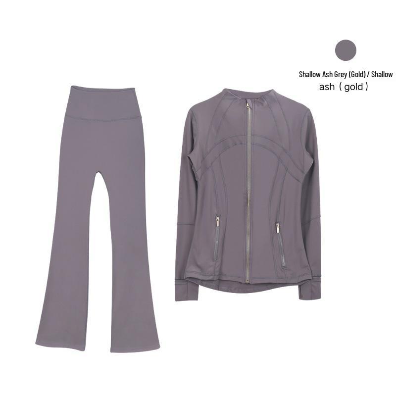 In Stock: Women's Gold Jacket & Flare Pants - High Stretch, Slimming Sports Yoga Set