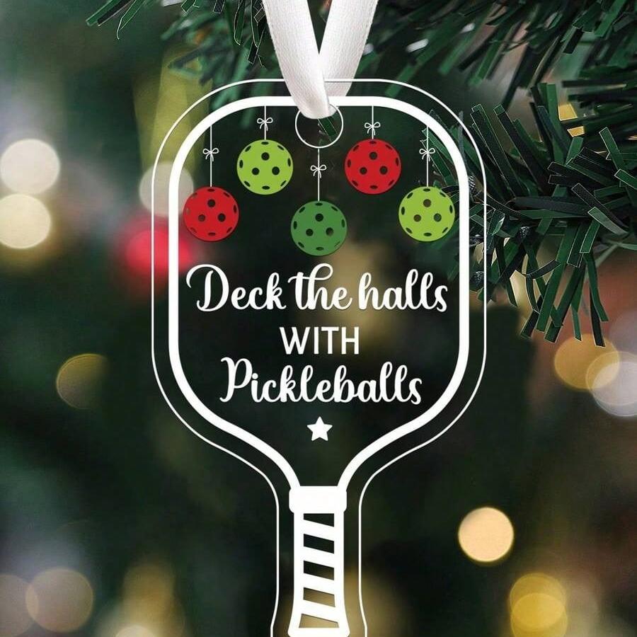 2PCS Deck The Halls with Pickleball Transparent Acrylic Ornament, Xmas Hanging Acrylic Ornaments, Personalized Pickleball Christmas Ornament