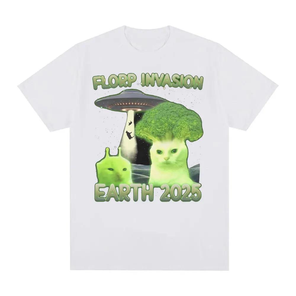 Florp Invasion Earth 2025 Funny Alien Brainrot Cat Dank Meme T Shirts Men Women Clothing Vintage Short Sleeve Oversized T-shirts