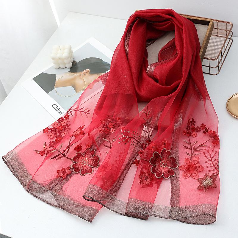 Four Season silk wool scarf women hijab pashmina shawls wrap Bandana Blanket Floral Pashmina Embroidery Scarves Foulard Fashion
