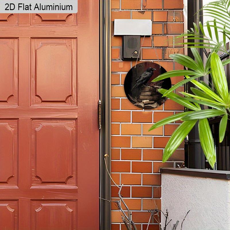 2D Flat Aluminium Retro Halloween Sign with Black Crow Pattern - Halloween Figurine Ornaments - Ideal for Front Door, Wall, Porch, Window Decor